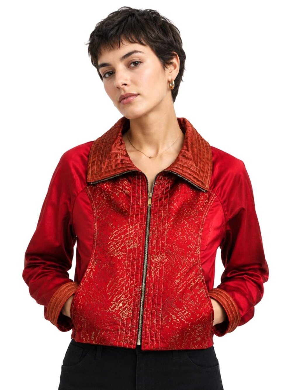 Sewn Red Burnt Orange Full Zip Quilted Trim Jacket